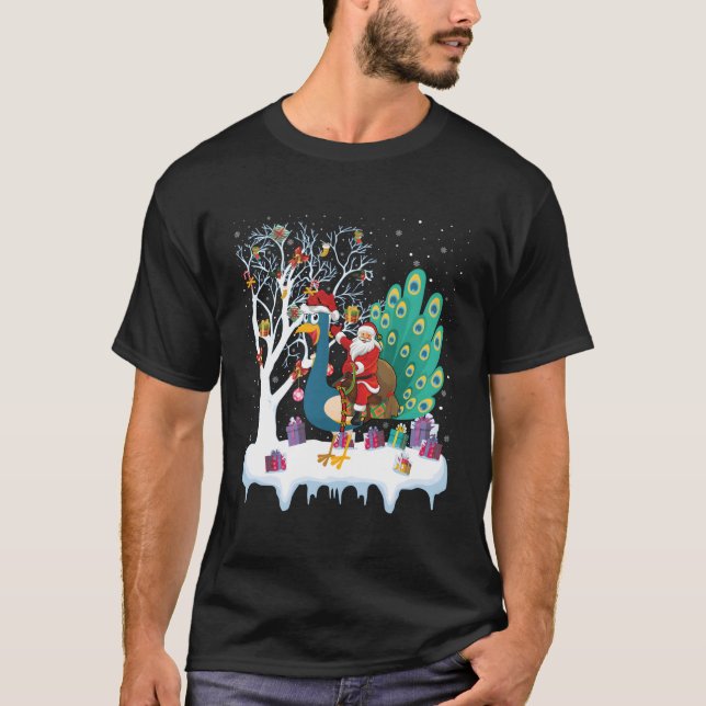 Peacock Bird Älskare Julafton Gift Santa Riding Pe T Shirt (Framsida)