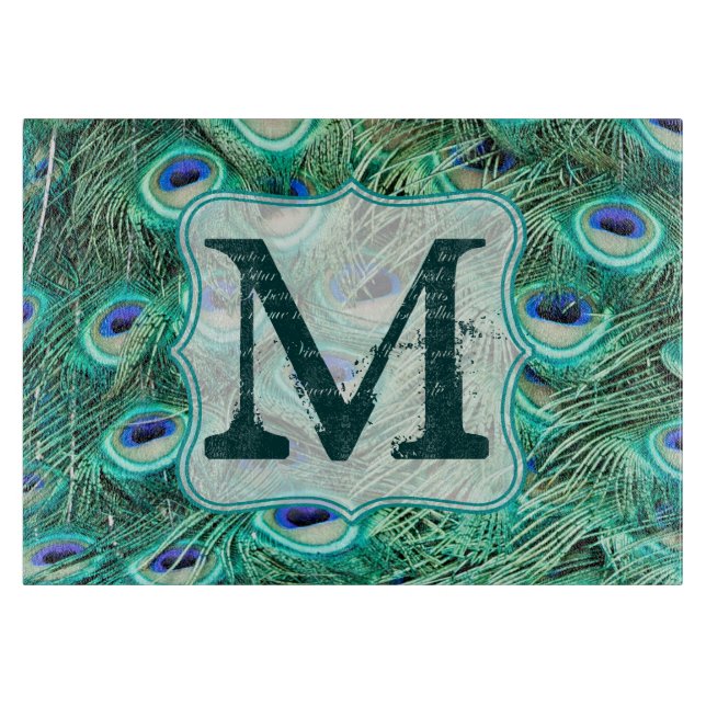 Peacock Bird Feather Monogram Glass Caking Board (Framsidan)