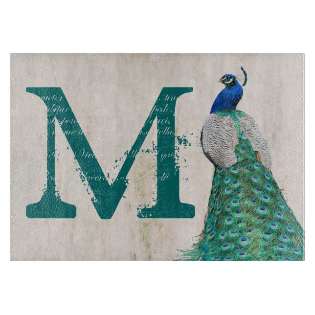 Peacock Bird Feather Monogram Glass Caking Board (Framsidan)
