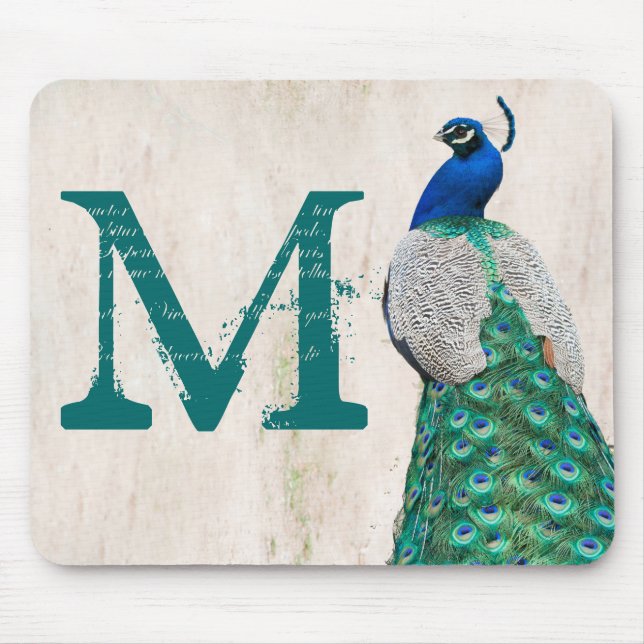 Peacock Bird Feather Monogram Initial Mouse Pad Musmatta (Framsidan)