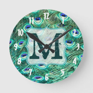 Peacock Bird Feather Monogram Initial Wall Clock Rund Klocka