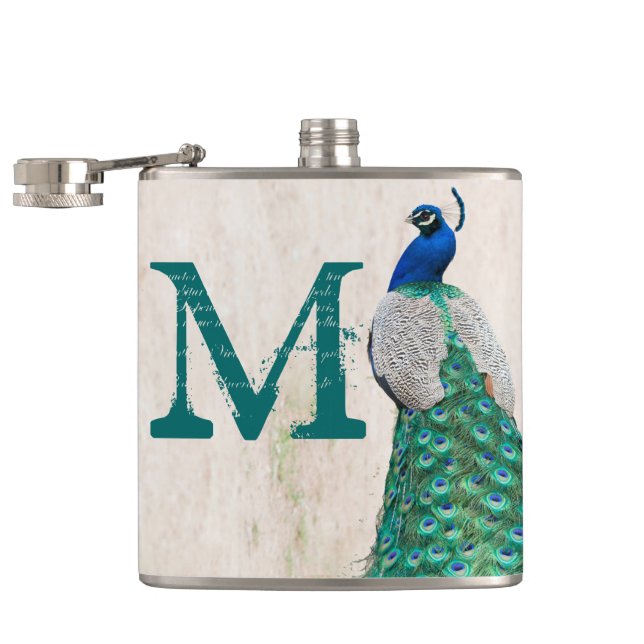 Peacock Bird Feather Teal Monogram Whiskey-kolv Fickplunta (Öppnad)