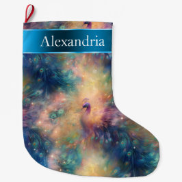 Peacock Bird Feathers Blue Guld jul Namn Stor Julstrumpa