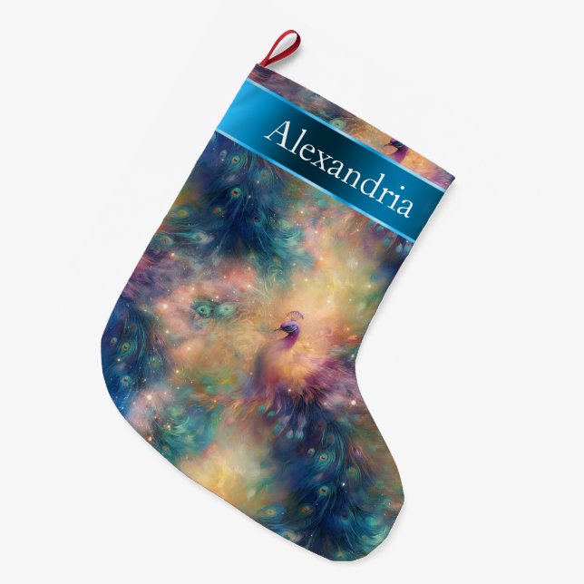 Peacock Bird Feathers Blue Guld jul Namn Stor Julstrumpa (Framsidan (Hängande))