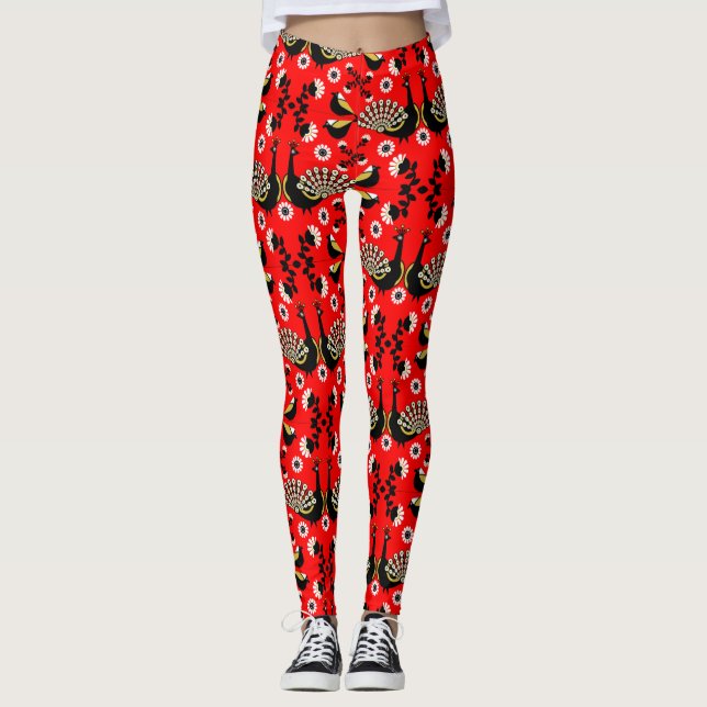 Peacock Bird Folk Art. Leggings (Framsida)