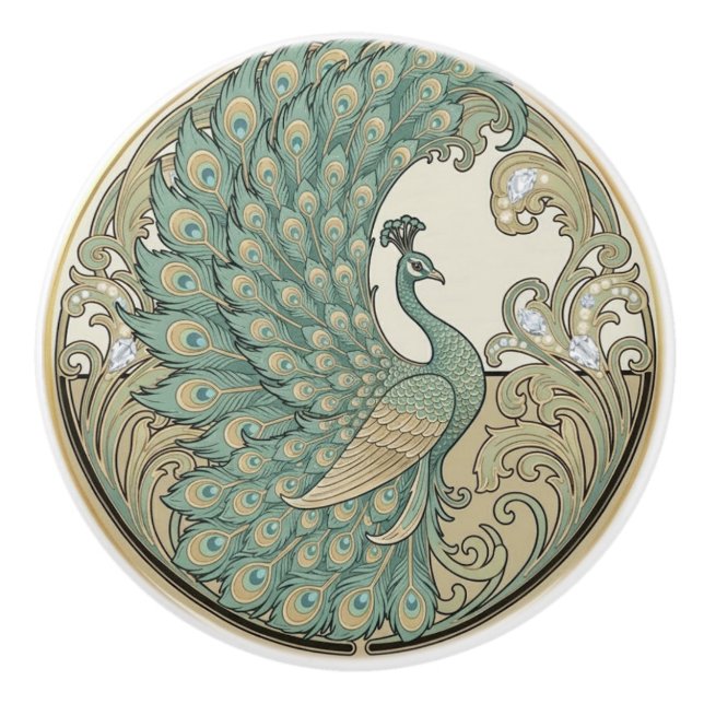 Peacock Bird Sage Green & Gold Art Deco Nouveau Knopp (Framsidan)