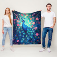 Peacock - Blå Grönt Aqua Feathers & Rosa Flowers