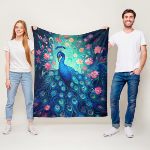 Peacock - Blå Grönt Aqua Feathers & Rosa Flowers Fleecefilt