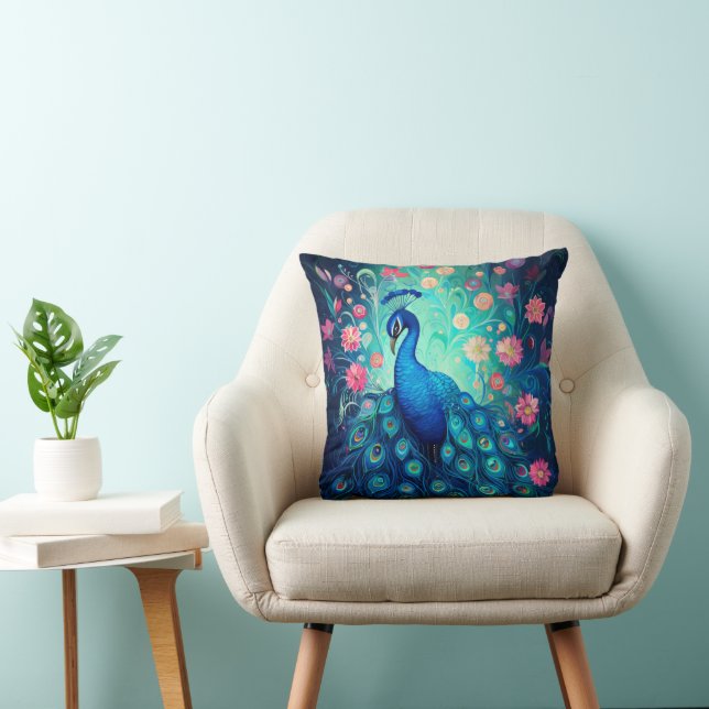 Peacock - Blå Grönt Aqua Feathers & Rosa Flowers Kudde (Stol)