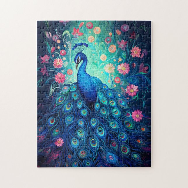 Peacock - Blå Grönt Aqua Feathers & Rosa Flowers Pussel (Vertikal)