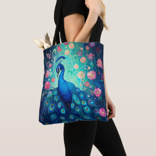 Peacock - Blå Grönt Aqua Feathers & Rosa Flowers Tygkasse