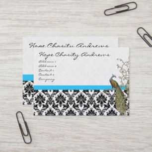 Peacock Black White Damask Bright Aqua Trim Visitkort