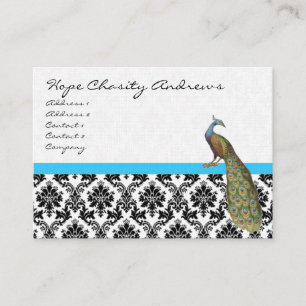 Peacock Black White Damask Bright Aqua Trim Visitkort