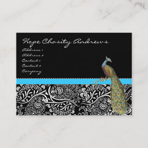 Peacock Black White Damask Bright Aqua Trim Visitkort