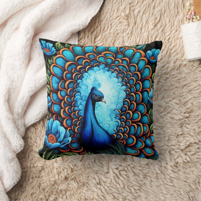 Peacock bland Blåa blommor Kudde (Filt)