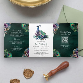 Peacock Blommigt Feather QR Code Emerald Bröllop