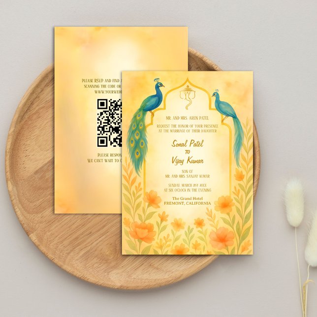 Peacock Blommigt Indian Hindu Bröllop QR-kod Inbjudningar (Skapare uppladdad)