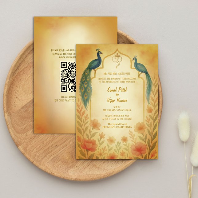Peacock Blommigt Indian Hindu Bröllop QR-kod Inbjudningar (Skapare uppladdad)