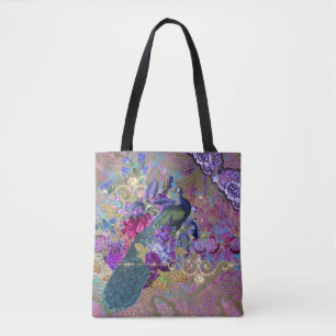 Peacock blommigt snöre diamant elegant lila teal tygkasse