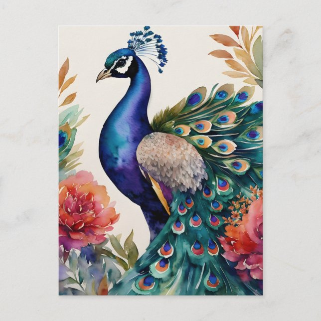Peacock Blommigt Watercolor Art Vykort (Framsida)