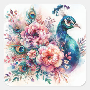 Peacock Blommigt Watercolor Porträtt Fyrkantigt Klistermärke