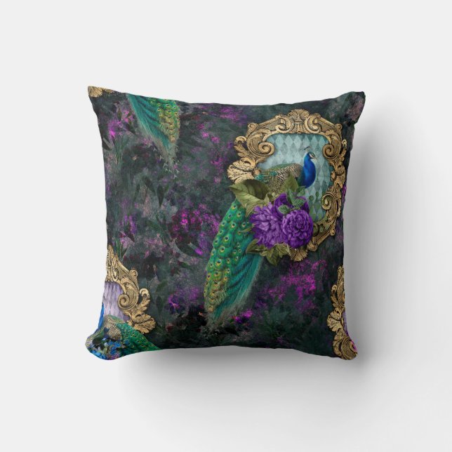 Peacock, Blommor och Guld Ram Kudde (Framsida)