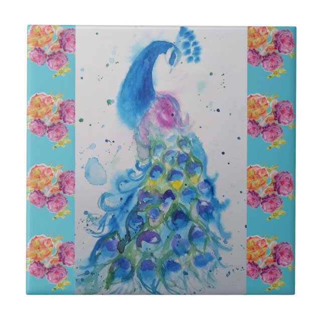 Peacock Blue Bird Watercolor Aqua Ceramic Tile Kakelplatta (Framsidan)