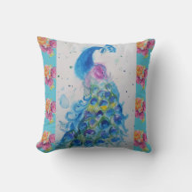 Peacock Blue Bird Watercolor Aqua Ro Cushion