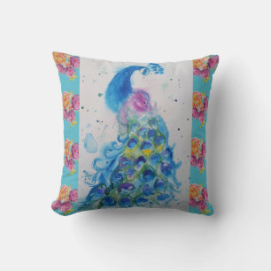 Peacock Blue Bird Watercolor Aqua Ro Cushion Kudde