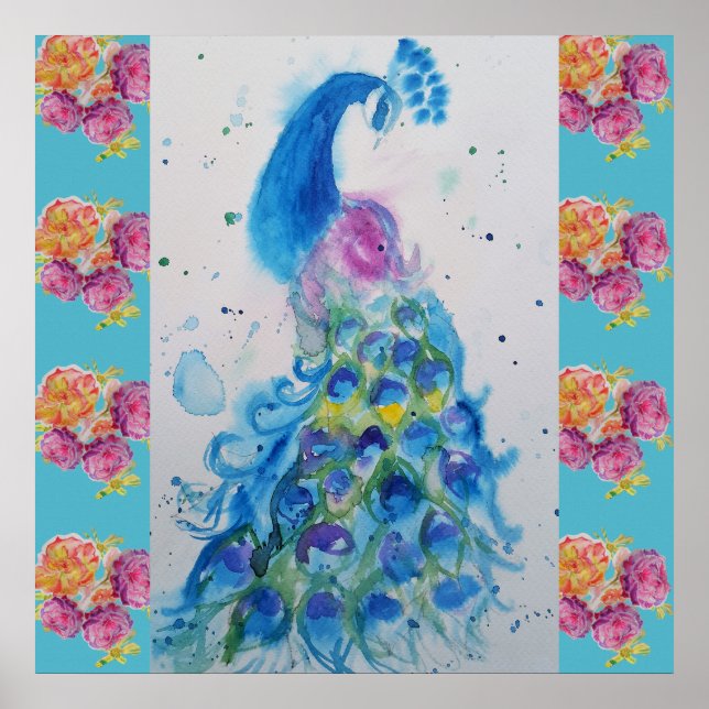 Peacock Blue Bird Watercolor Aqua Ro Poster (Framsidan)