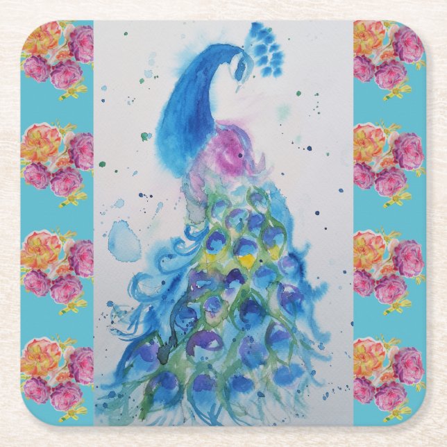 Peacock Blue Bird Watercolor Aqua Ro Underlägg Papper Kvadrat (Framsidan)