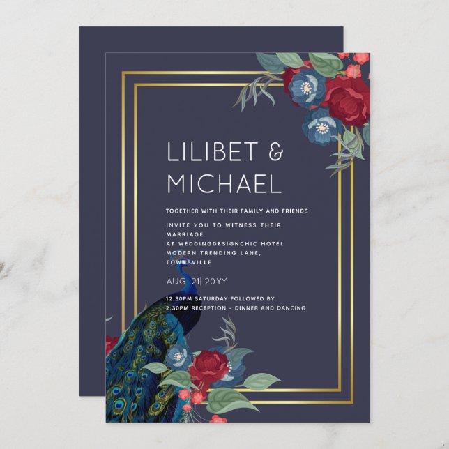 Peacock Blue Burgundy Winter Fall Wedding Inbjudningar (Fram/baksida)