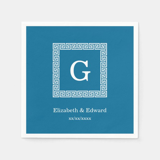 Peacock Blue Grekiska Nyckel Ram #1 Initial Monogr Pappersservett (Framsidan)