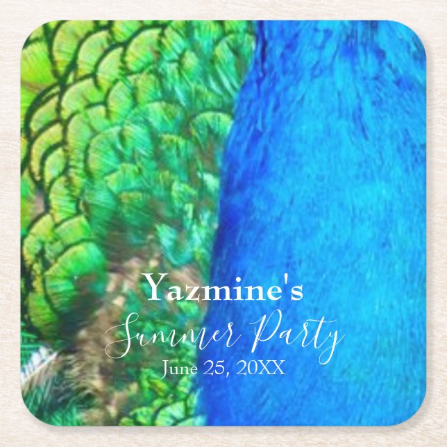 Peacock Blue Grönt Feather Struktur Summer Vibes Underlägg Papper Kvadrat (Framsidan)