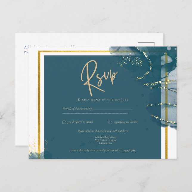 Peacock Blue Guld Alcohol BLÄCK Chic Bröllop OSA Vykort (Fram/baksida)