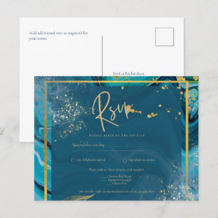 Peacock Blue Guld BLÄCK Abstrakt Bröllop Vykort