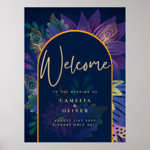 Peacock Blue Jewel Tones Blommigt Guld Text Bröllo Poster