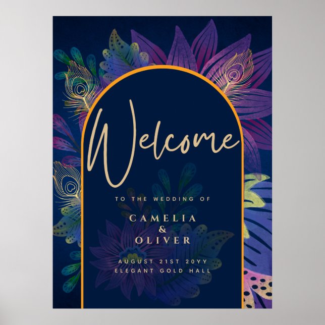 Peacock Blue Jewel Tones Blommigt Guld Text Bröllo Poster (Framsidan)