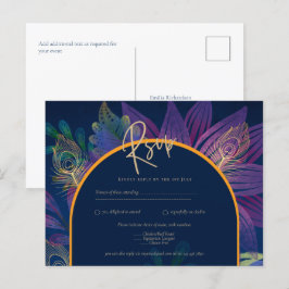 Peacock Blue Jewel Tones Blommigt Guld Text Bröllo Vykort