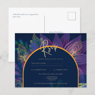 Peacock Blue Jewel Tones Blommigt Guld Text Bröllo Vykort