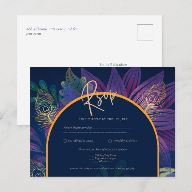 Peacock Blue Jewel Tones Blommigt Guld Text Bröllo Vykort (Fram/baksida)