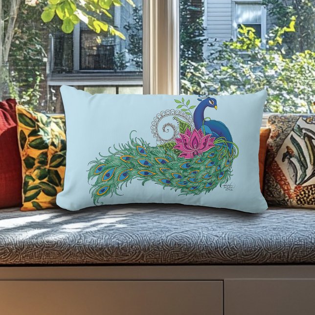 Peacock Blue Lotus Flower Henna Lumbarkudde (Skapare uppladdad)