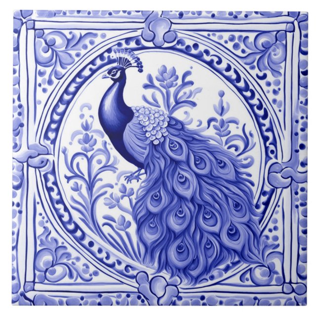 Peacock Blue och Vita portugisiska europeiska Kakelplatta (Framsidan)