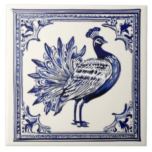 Peacock Blue och White FolAnimal Art Kakelplatta