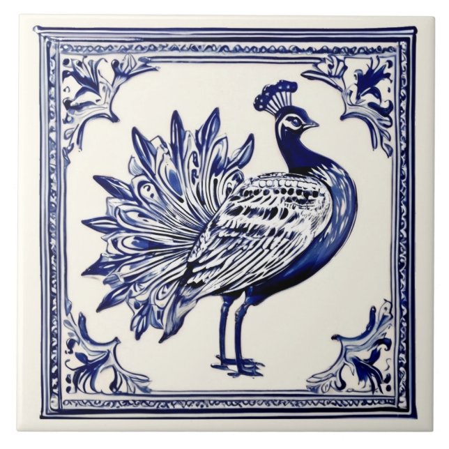 Peacock Blue och White FolAnimal Art Kakelplatta (Framsidan)