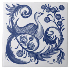 Peacock Blue White Swirl Vintage Folk Design Kakelplatta
