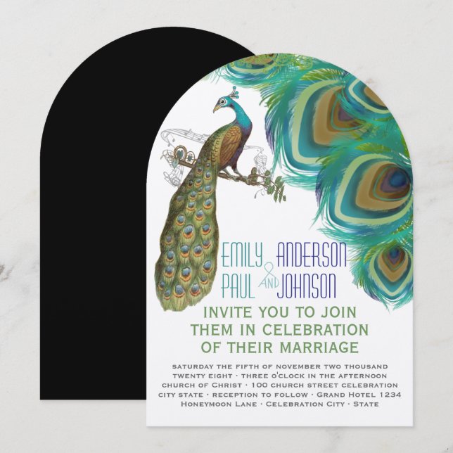 Peacock Boho Bohemian Feathers med Peacock Inbjudningar (Fram/baksida)