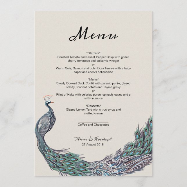 PEACOCK BRÖLLOP MENU-KORT MENY (Framsida)