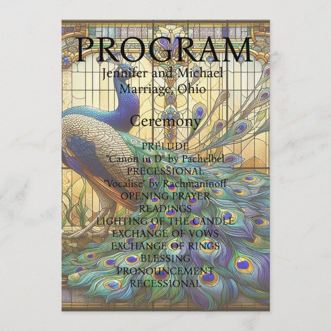 Peacock Bröllop-stärkt glasprogramkort Program (Framsida)
