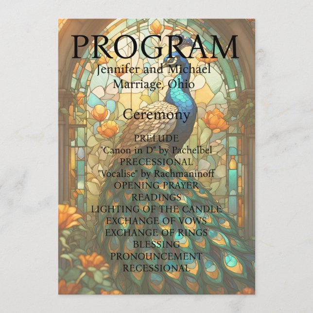 Peacock Bröllop-stärkt glasprogramkort Program (Framsida)
